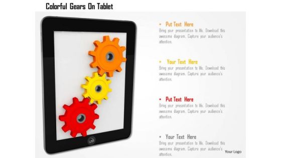 Stock Photo Colorful Gears On Tablet PowerPoint Slide