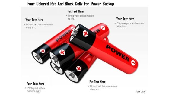 Stock Photo Four Colored Red And Black Cells For Power Backup PowerPoint Slide