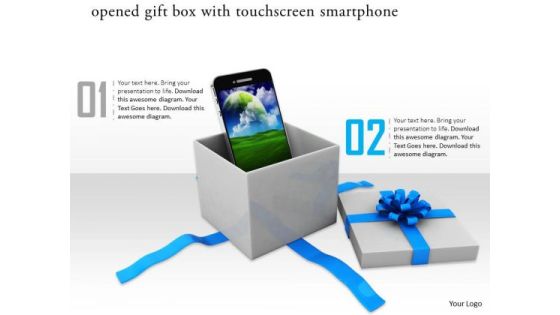 Stock Photo Gift Box Opened With Touchscreen Smartphone PowerPoint Slide Stock Photo Gift Box Opened With Touchscreen Smartphone PowerPoint Slide