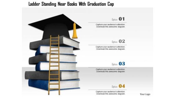 Stock Photo Ladder Standing Near Books With Graduation Cap PowerPoint Slide Stock Photo Ladder Standing Near Books With Graduation Cap PowerPoint Slide