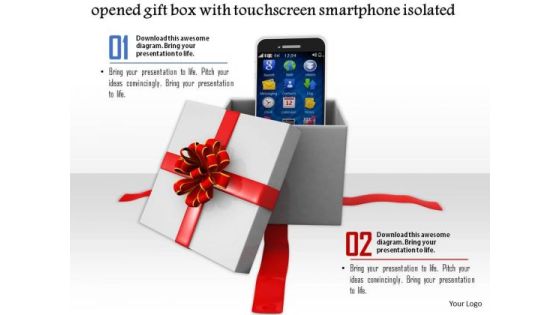 Stock Photo Red Gift Box Opened Touch Screen Smartphone PowerPoint Slide Stock Photo Red Gift Box Opened Touch Screen Smartphone PowerPoint Slide