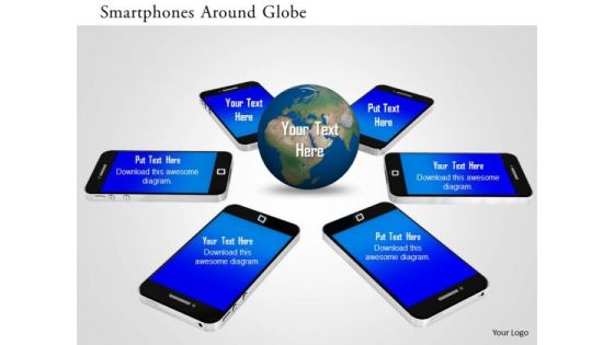 Stock Photo Smartphones Around Globe PowerPoint Slide Stock Photo Smartphones Around Globe PowerPoint Slide
