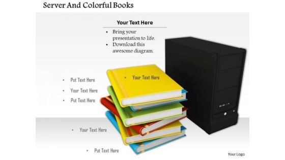 Stock Photo Stack Of Books With Computer Server Pwerpoint Slide