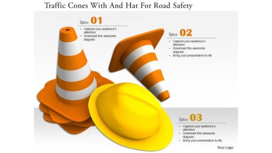 Stock Photo Traffic Cones With And Hat For Road Safety PowerPoint Slide