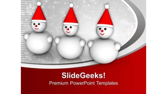 Three Smiling Snowman Winter Holidays PowerPoint Templates Ppt Backgrounds For Slides 0113