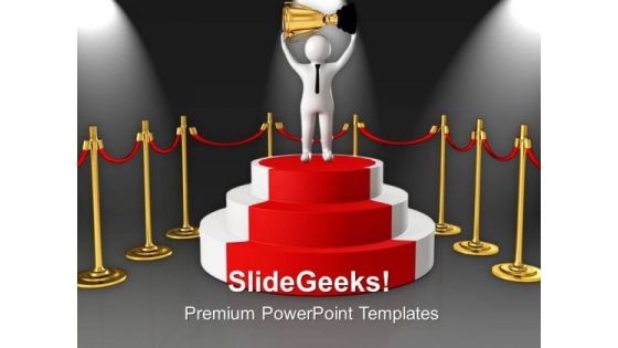 Winner On Podium With Golden Trophy Success PowerPoint Templates Ppt Backgrounds For Slides 0813 Winner On Podium With Golden Trophy Success PowerPoint Templates Ppt Backgrounds For Slides 0813