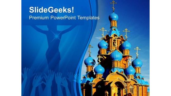 Wooden Church With Blue Domes People PowerPoint Templates And PowerPoint Themes 0712