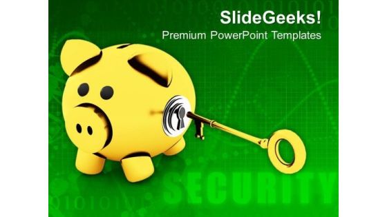 Yellow Piggy Bank With Golden Key Lock PowerPoint Templates Ppt Backgrounds For Slides 0213